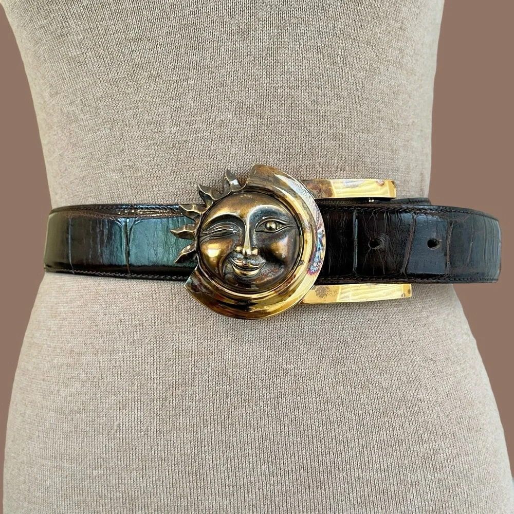 Kieselstein-Cord Celestial Sun Gold-Plated Sterling Silver Buckle Leather Belt